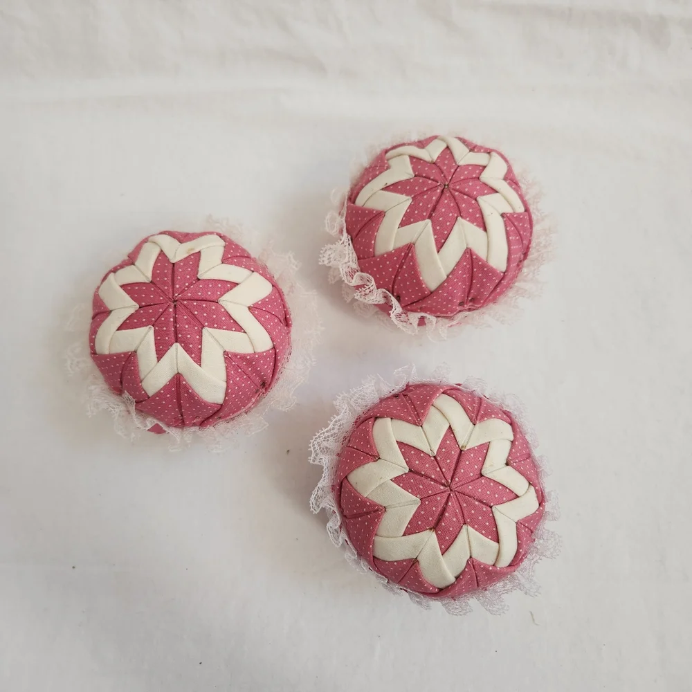 Pink and White Quilted Ball Christmas Ornaments